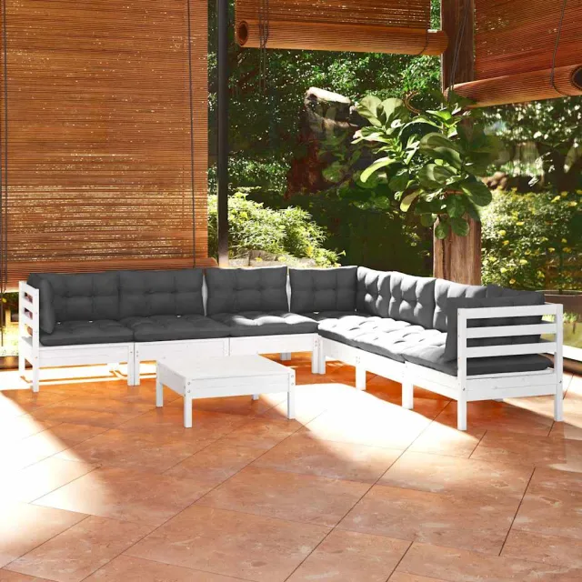 vidaXL 8-delige Loungeset met kussens massief grenenhout wit, foto 2