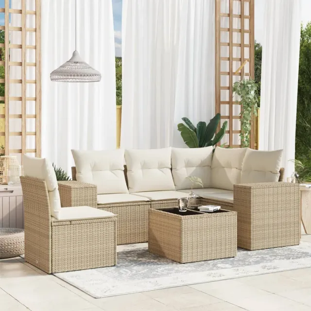 vidaXL 6-delige Loungeset met kussens poly rattan beige, foto 2