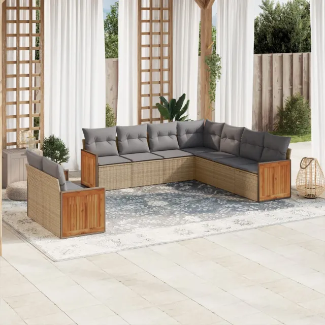 vidaXL 9-delige Loungeset met kussens poly rattan beige, foto 2