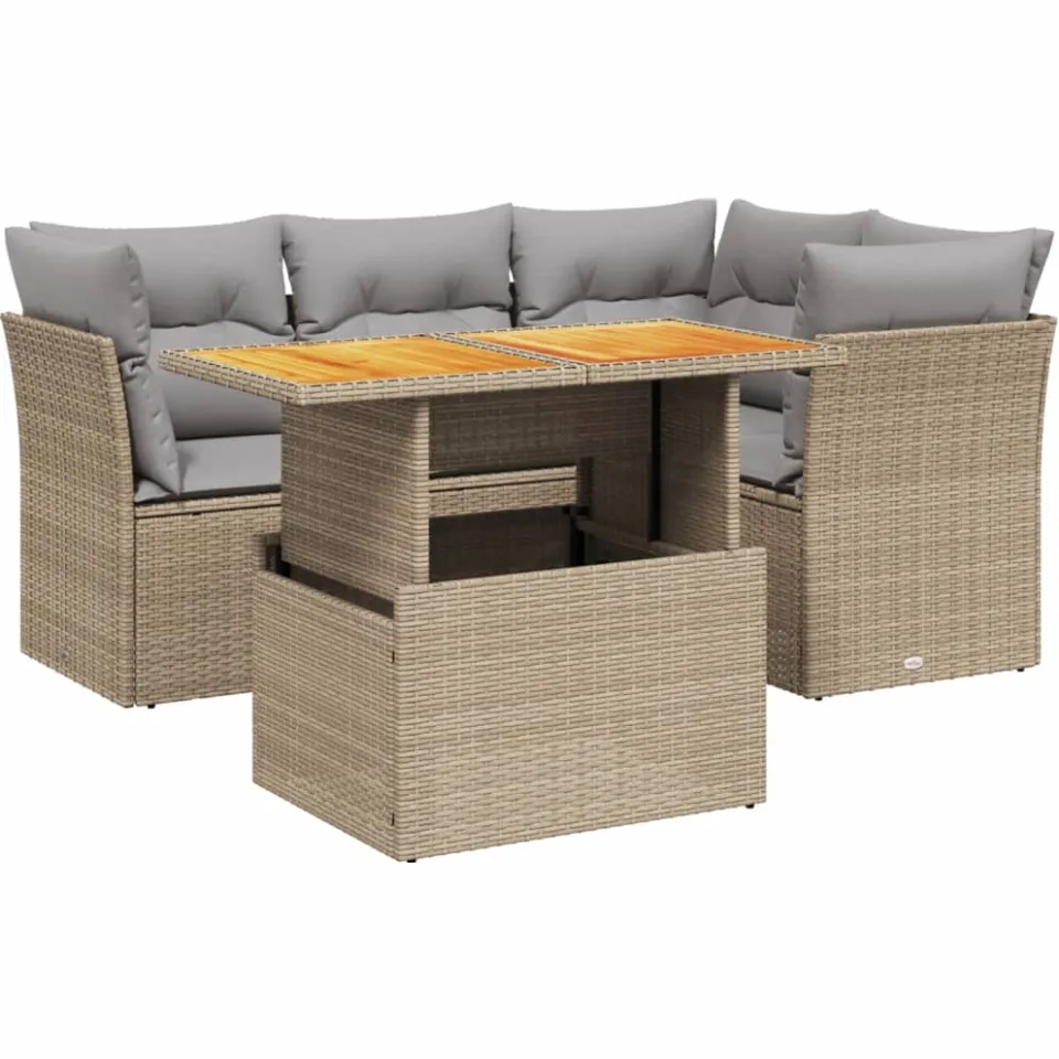 vidaXL 5-delige Loungeset met kussens poly rattan beige, foto 3