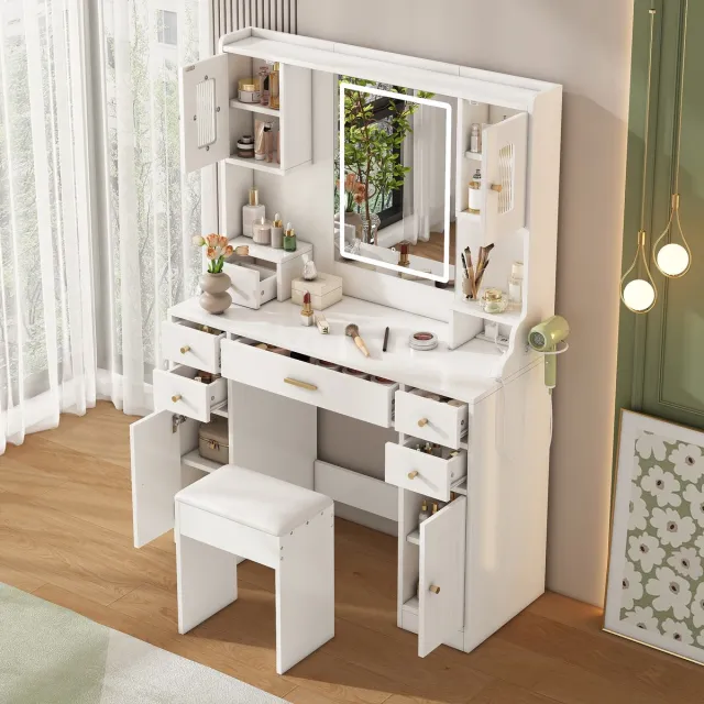 Sweiko Kaptafel - Inclusief stoel - LED-verlichting - Met spiegel - 6 lades - 105 × 152 × 40 cm - Wit
