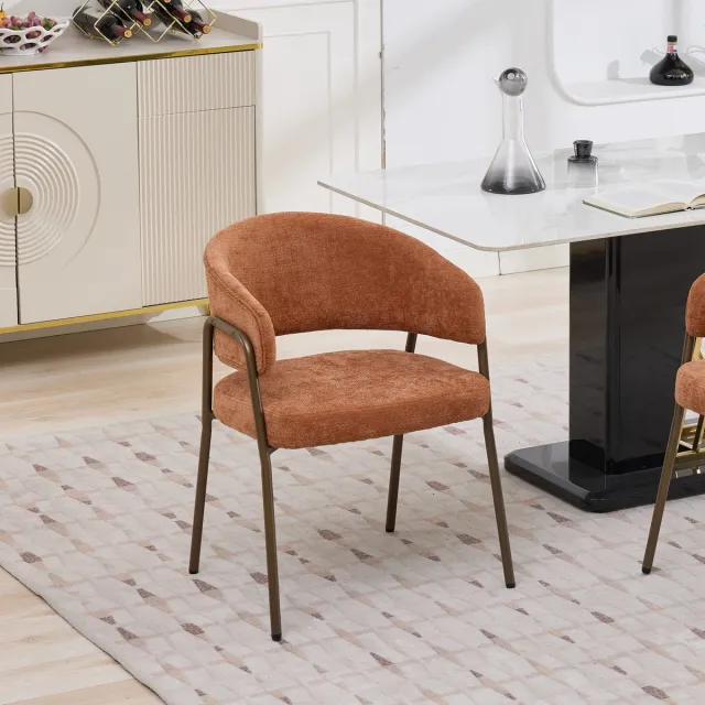 Clruro Eetkamerstoel - 1 stuk - chenille armstoel modern - keuken eetkamer - chenille + metaal - oranje / messing
