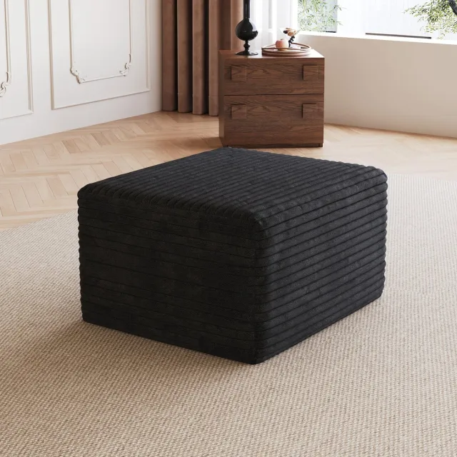 OKWISH Voetenbankje – Zonder Montage – 65 x 60 x 38 cm – Stof Met Corduroystructuur – Zwart – Voor Woonkamer En Slaapkamer