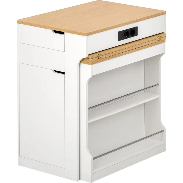 MUVANO Keukeneiland met uitschuifbare eettafel - Op wielen - Met stopcontacten en twee lades - Houtkleurig werkblad - Voor keuken en eetkamer - Wit