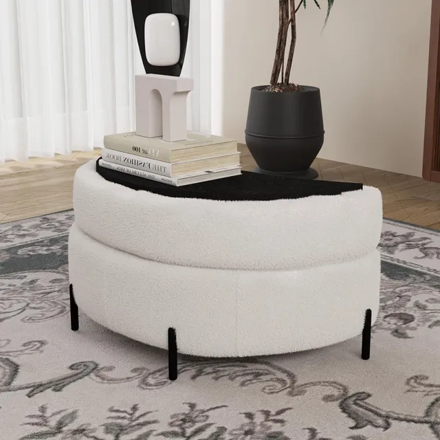 KOMHTOM BLACKCOLORS Halvemaanvormige opbergpoef bekleed met sherpa met blad, te gebruiken als bijzettafel, gestoffeerde zitplaats, poef om je aan te kleden en schoenen aan te trekken, en als voetenbank voor de woonkamer, de hal en de gang, ivoorkleurig