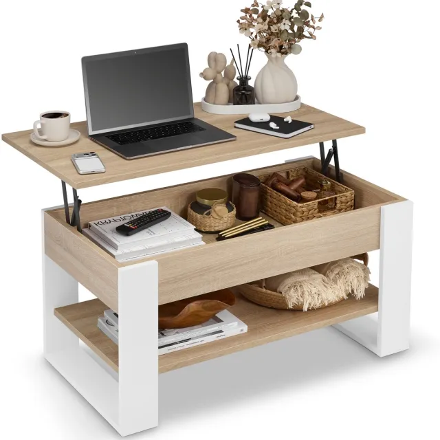 defiPad Salontafel met opklapbaar blad, plank en opbergruimte - Industrieel, Loftstijl - Wit + Sonoma Eiken