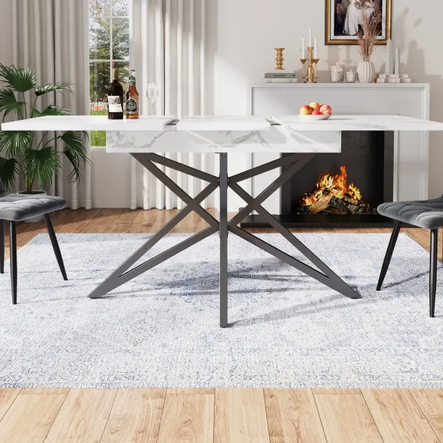 Maisentiel Uitschuifbare eettafel 120-160 x 80 cm - wit marmerlook blad - zwart metalen onderstel