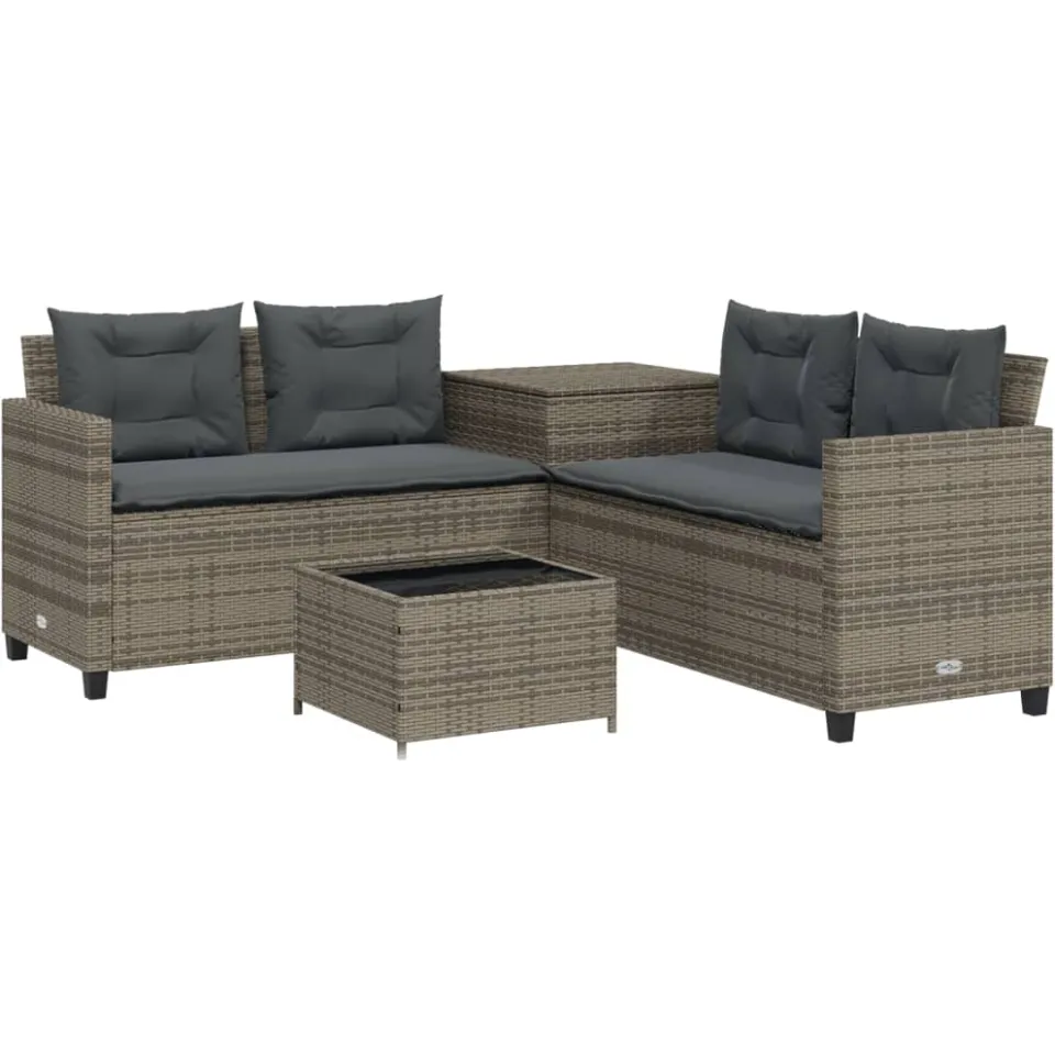 vidaXL Tuinbank met tafel en kussens L-vormig poly rattan grijs