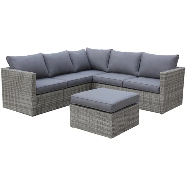 Odomi Loungeset 3-delig - Lichtbruin wicker met grijze kussens - Hoekbank met hocker/tafel grijs