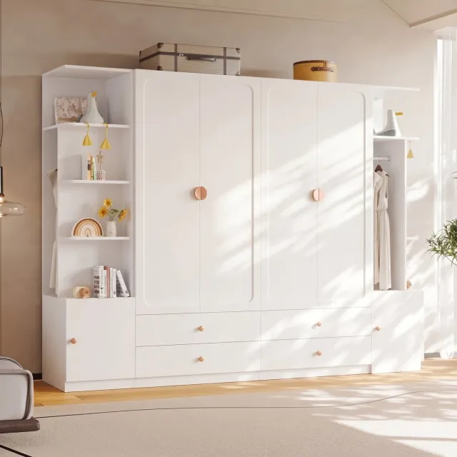 HAUSS SPOLE Kledingkast - 6 Deuren Met 4 Laden En 4 Kledingstangen - Voor Slaapkamer En Kleedkamer - Hout, MDF En Staal - 270x45x200 Cm - Wit
