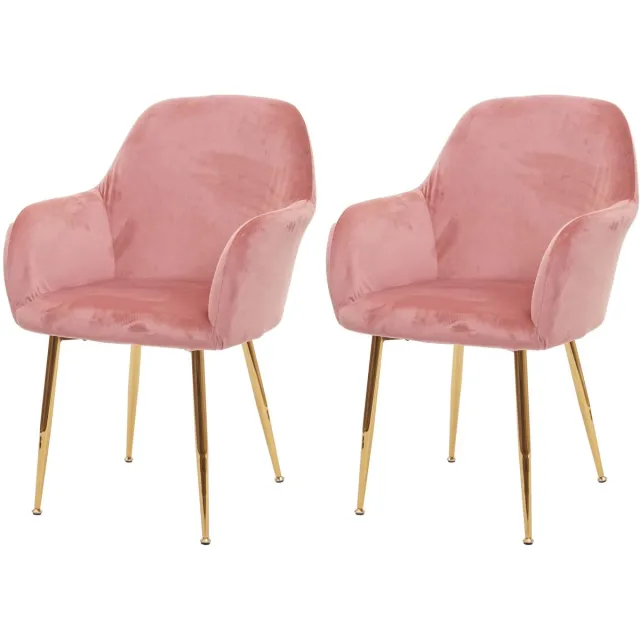MCW Set van 2 eetkamerstoelen MCW-F18, keukenstoel, retro design ~ fluweel antiek roze, gouden poten