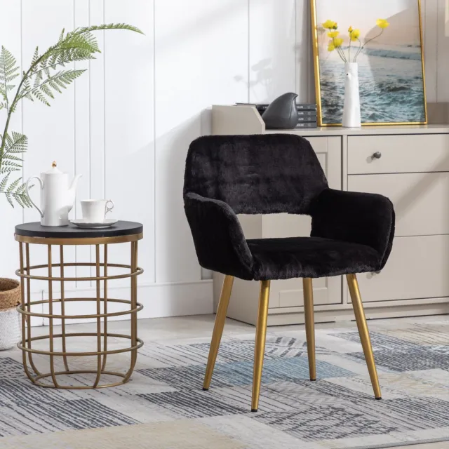 FloraGrace Eetkamerstoel – Zachte Kunstpelz Bekleding Met Armleuningen – Normale Eetkamerstoel – Metaal – Mid-Century – Zwart