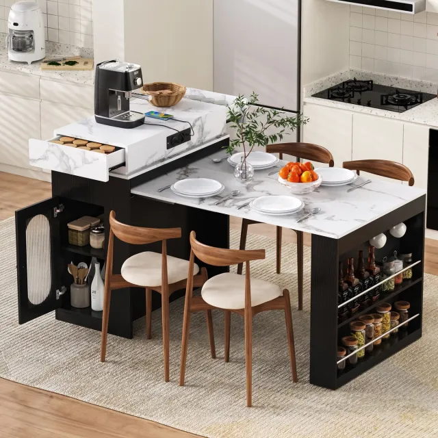 KOMHTOM BLACKCOLORS Keukeneiland met wieltjes, uitschuifbare eettafel met opklapbaar tafelblad, bartafel met stekkerdozen en haken, te gebruiken als keukeneiland, dressoir of bartafel voor keuken en eetkamer (zwart)
