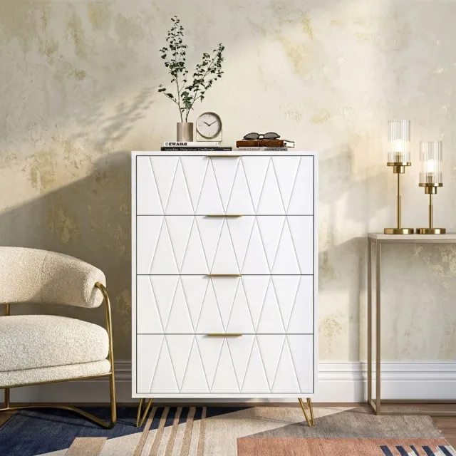 MEXUS Ladekast met 4 laden, commode met gouden poten en handgrepen, wit dressoir voor slaapkamer, woonkamer of hal, 60 x 34 x 90 cm