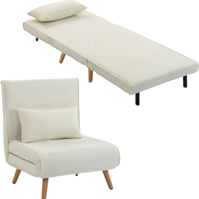TEKROA 2-zits slaapbank - 3-in-1 chenille slaapbank (103 cm) - verstelbare rugleuning - 2 kussens - houten armleuningen - crème Beige