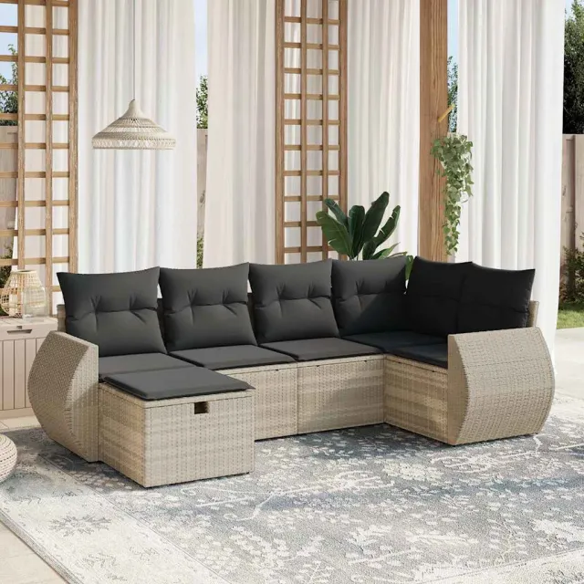 vidaXL 6-delige Loungeset met kussens poly rattan lichtgrijs grijs, foto 2