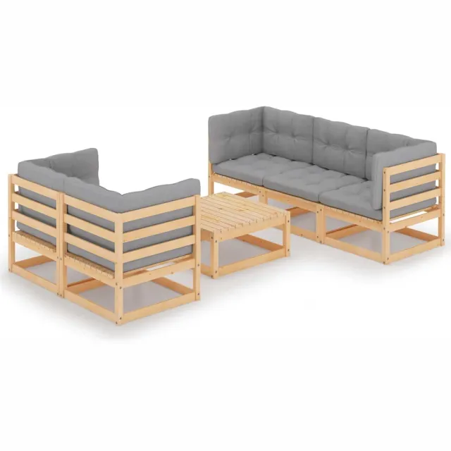 vidaXL 6-delige Loungeset met kussens massief grenenhout Grijs