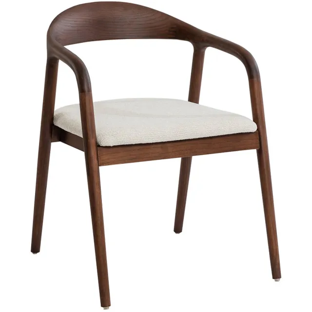 Rousseau Eetkamerstoel Claire Walnoot kleur – Massief Essenhout – Beige Stoffen Zitting – Armleuningen – gemonteerd