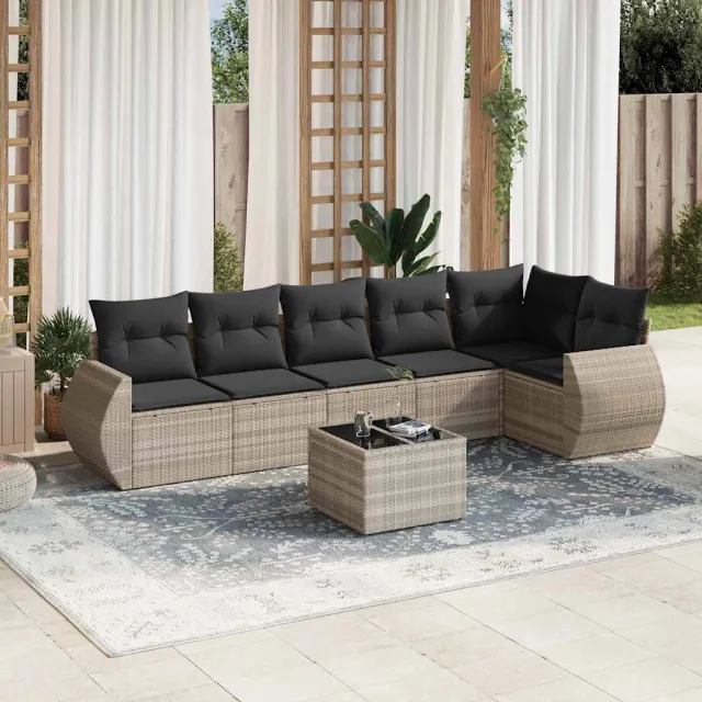 vidaXL 7-delige Loungeset met kussens poly rattan lichtgrijs grijs, foto 2