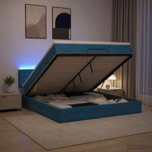 vidaXL Ottoman Bed met Matrassen en LED Donkerblauw 140 x 200 cm
