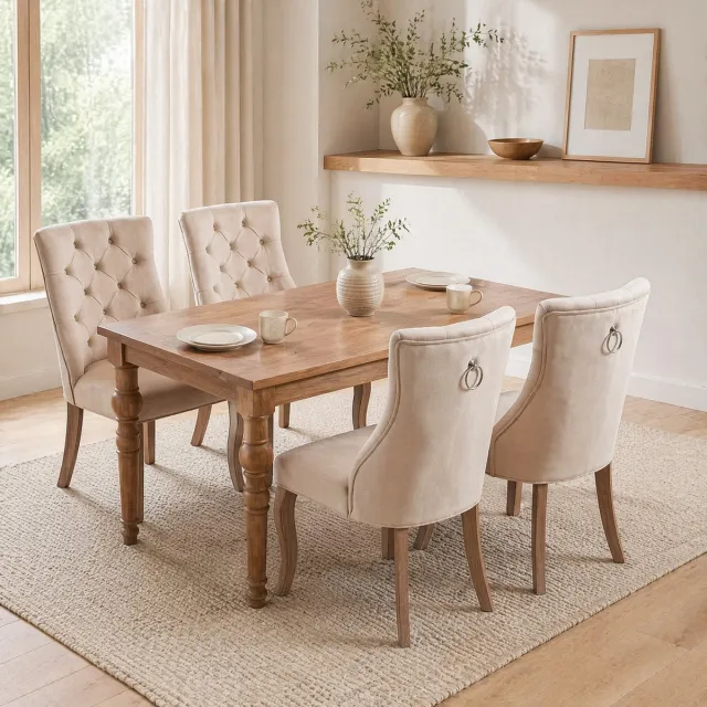 DESMIU Eetkamerstoel - 97 x 51 x 47 cm - Set Van 4 Met Hoge Rugleuning En Knoopstiksel - Voor Eetkamer En Keuken - Velvet Beige