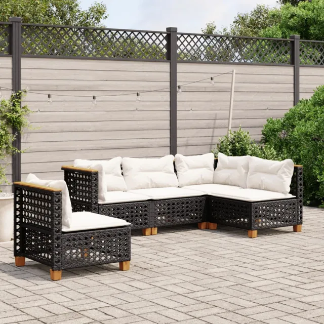 vidaXL 5-delige Loungeset met kussens poly rattan zwart, foto 2