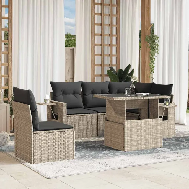vidaXL 6-delige Loungeset met kussens poly rattan lichtgrijs grijs, foto 2