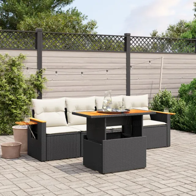vidaXL 5-delige Loungeset met kussens poly rattan zwart, foto 2