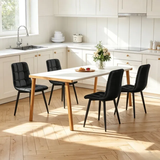 ROSAHQNDA Set van 4 eetkamerstoelen 44x46x86 cm, gestoffeerde keukenstoelen met metalen poten, moderne stoelen voor eetkamer en woonkamer, fluweel, zwart