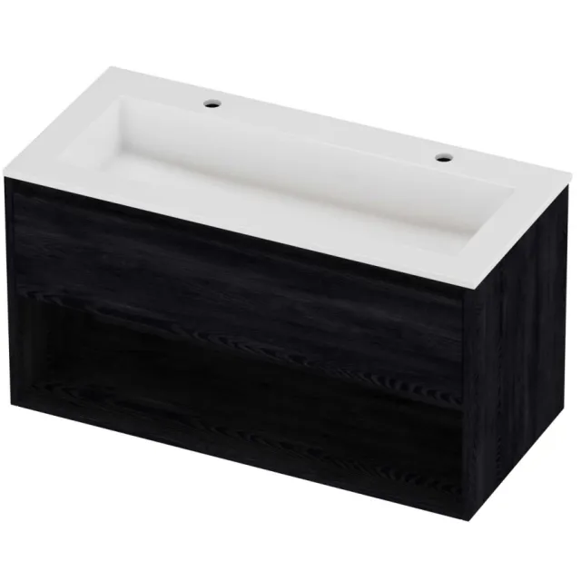 Proline Aristo Badmeubelset Polystone Elegant Met Schap 100x46x54 cm Glans Wit Black Oak Eiken