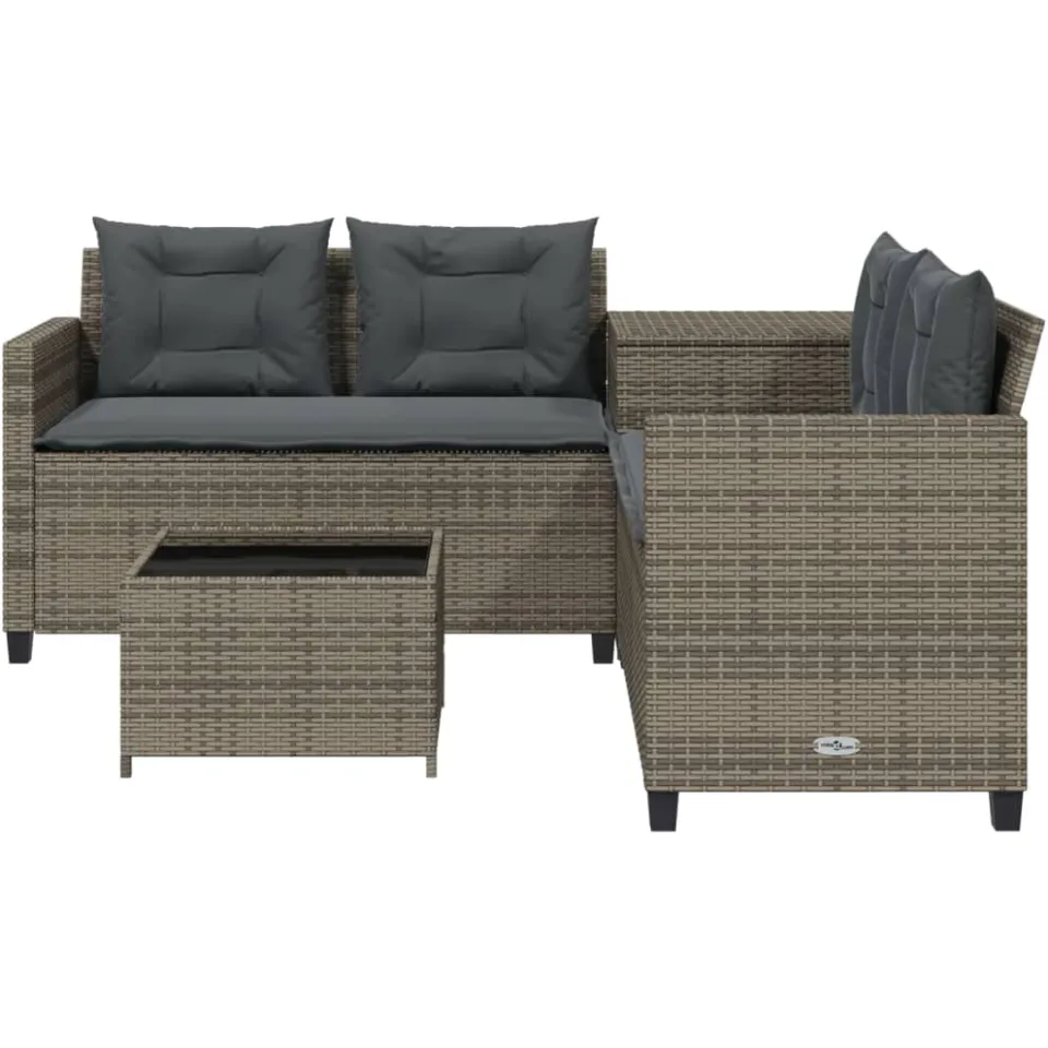vidaXL Tuinbank met tafel en kussens L-vormig poly rattan grijs, foto 3