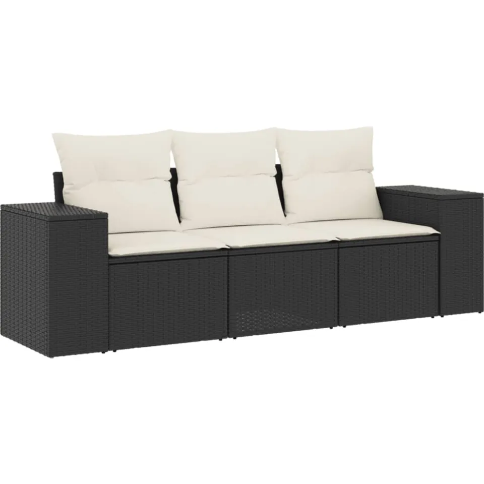 vidaXL 3-delige Loungeset met kussens poly rattan zwart