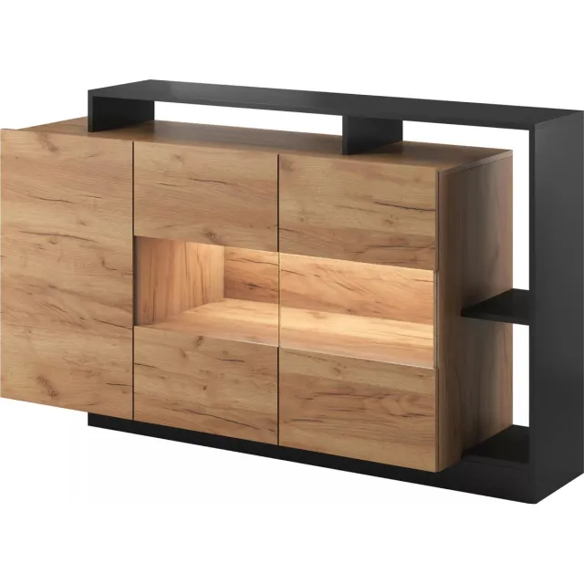 Vente-unique Buffetkast met 3 deuren en 3 nissen - Met ledverlichting - Natuurlijk en antraciet - IDESIA Antracietgrijs