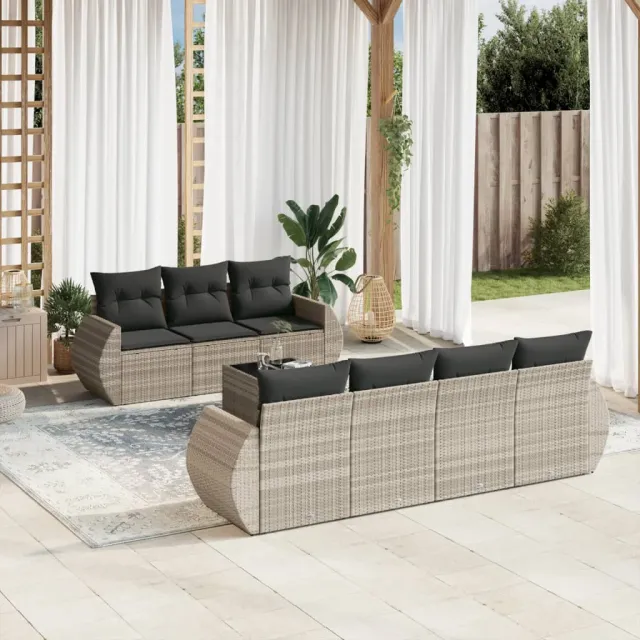 vidaXL 8-delige Loungeset met kussens poly rattan lichtgrijs grijs, foto 2