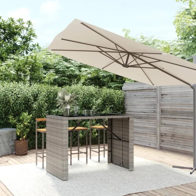 vidaXL Bartafel met glazen blad 145x80x110 cm poly rattan grijs, foto 2