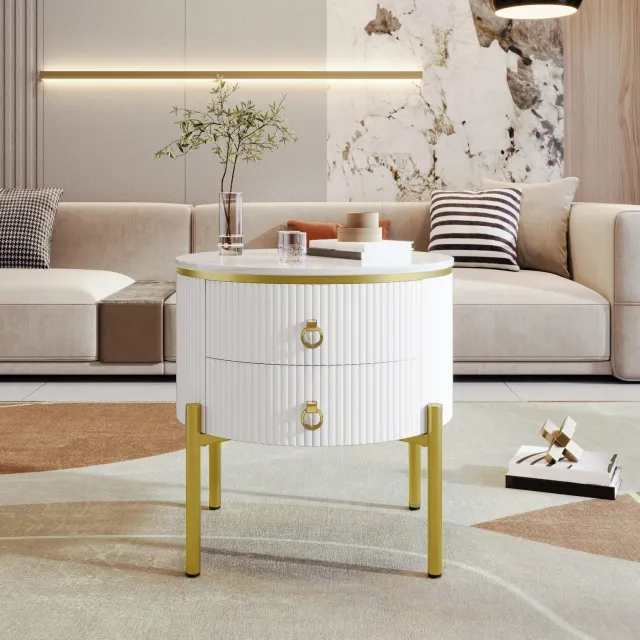 Maisentiel Ronde Bijzettafel Ø 50 cm met 2 Lades, Verstelbare Poten, MDF, Wit/Goud