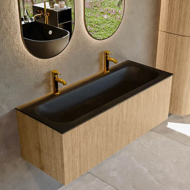 Mondiaz KURVE 120 cm Onderkast Greeploos 1 Lade Zonder Deuren Oak, Wastafel Solid Surface Volledig Urban 2 Kraangaten Zonder Spiegel (KRVBGL1201L0D2KM-Oak/Urb)