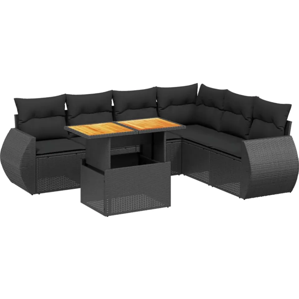 vidaXL 7-delige Loungeset met kussens poly rattan zwart, foto 3