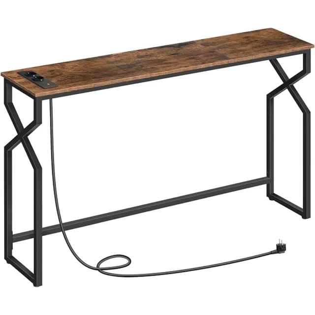 Homesy Consoletafel, 115 cm lange Bijzettafel, met Stekkerdoos en USB-poorten, smalle Haltafel, Salontafel, voor Hal, Gang, Woonkamer, Rustiek Bruin Rustiek bruin, Zwart