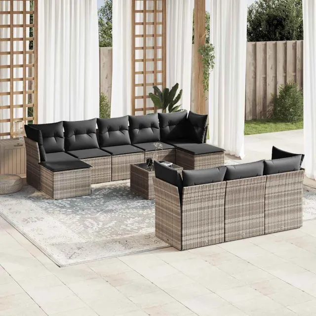 vidaXL 11-delige Loungeset met kussens poly rattan lichtgrijs grijs, foto 2