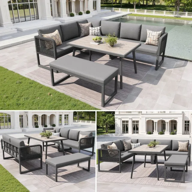 Gutent Loungesets - 6-8 Personen - PE Ratten - Incl Kussens - Gevlochten - Weerbestendig - Grijs