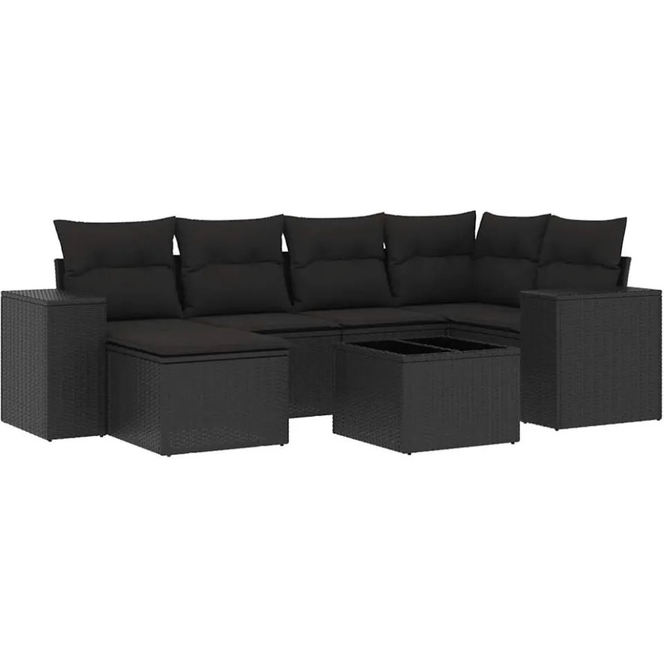 vidaXL 7-delige Loungeset met kussens poly rattan zwart, foto 3