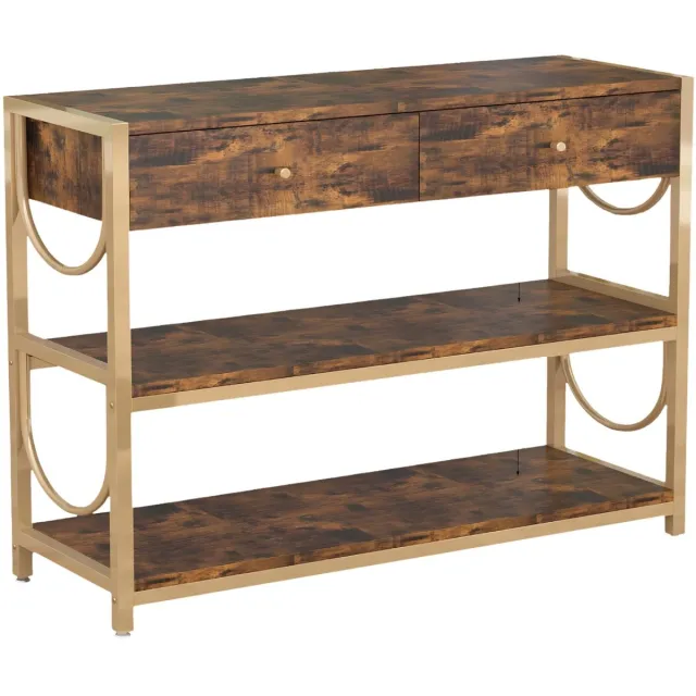 Happiq Consoletafel met Laden - Met 3-Laags Opbergplanken - voor woonkamer en hal - Met 3-Laags Opbergplanken, Houtlook Metaal - Bruin