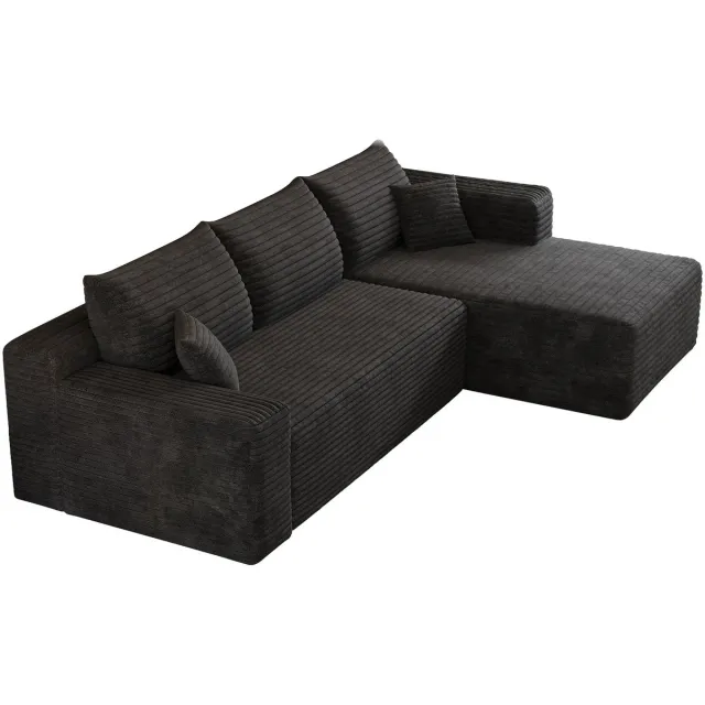 Merax Modulaire Hoekbank Driezits - 241 x 151 cm - Zwarte Ribstof - Diepe Zit - Liggedeelte Rechts - Zonder Montage