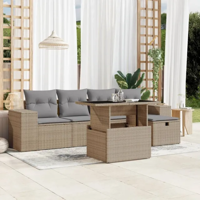vidaXL 6-delige Loungeset met kussens poly rattan beige, foto 2