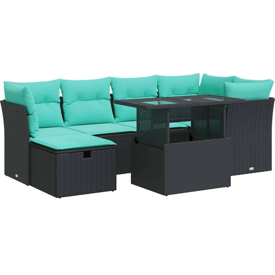 vidaXL 7-delige Loungeset met kussens poly rattan acacia zwart, foto 3