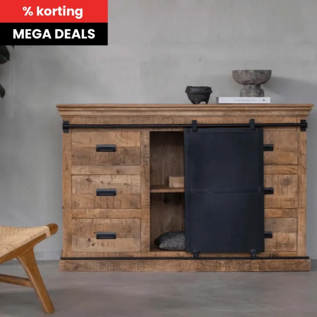 Mahom Mangohouten Dressoir Newark 240 cm Mahom Industrieel - Dressoir van Mangohout & Metaal - Industriële Dressoir Bruin