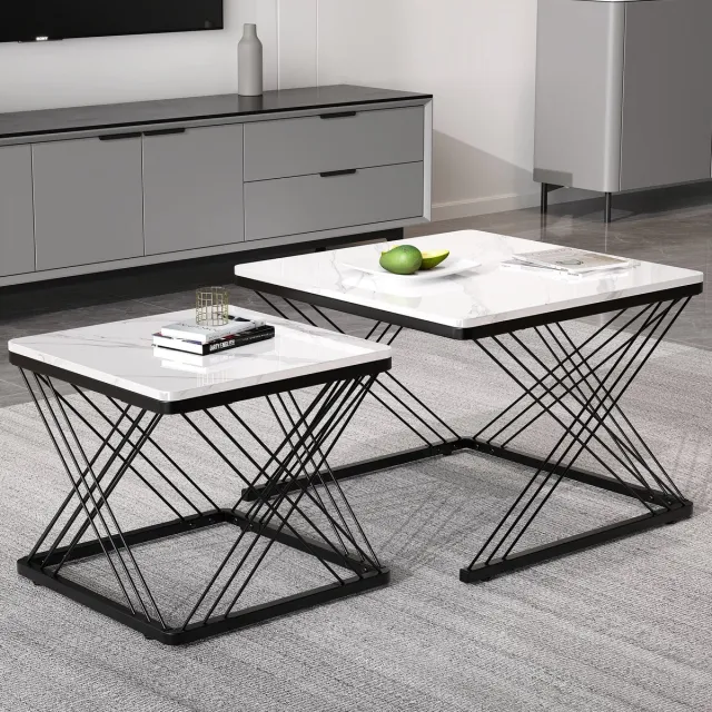 STILVORA Salontafelset - Vierkante Salontafels Hoogglans Marmerlook Met Verstelbare Voeten En 30kg - MDF - 60x60x45 & 45x45x40 Cm - Wit+Zwart