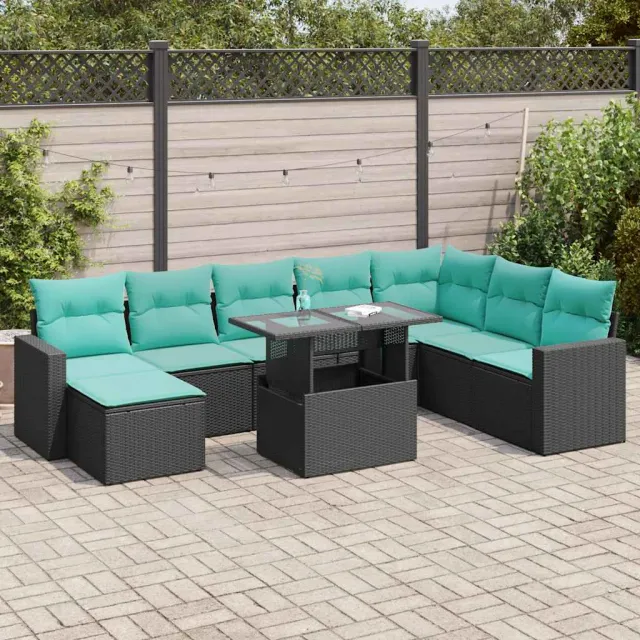 vidaXL 9-delige Loungeset met kussens poly rattan acacia zwart, foto 2