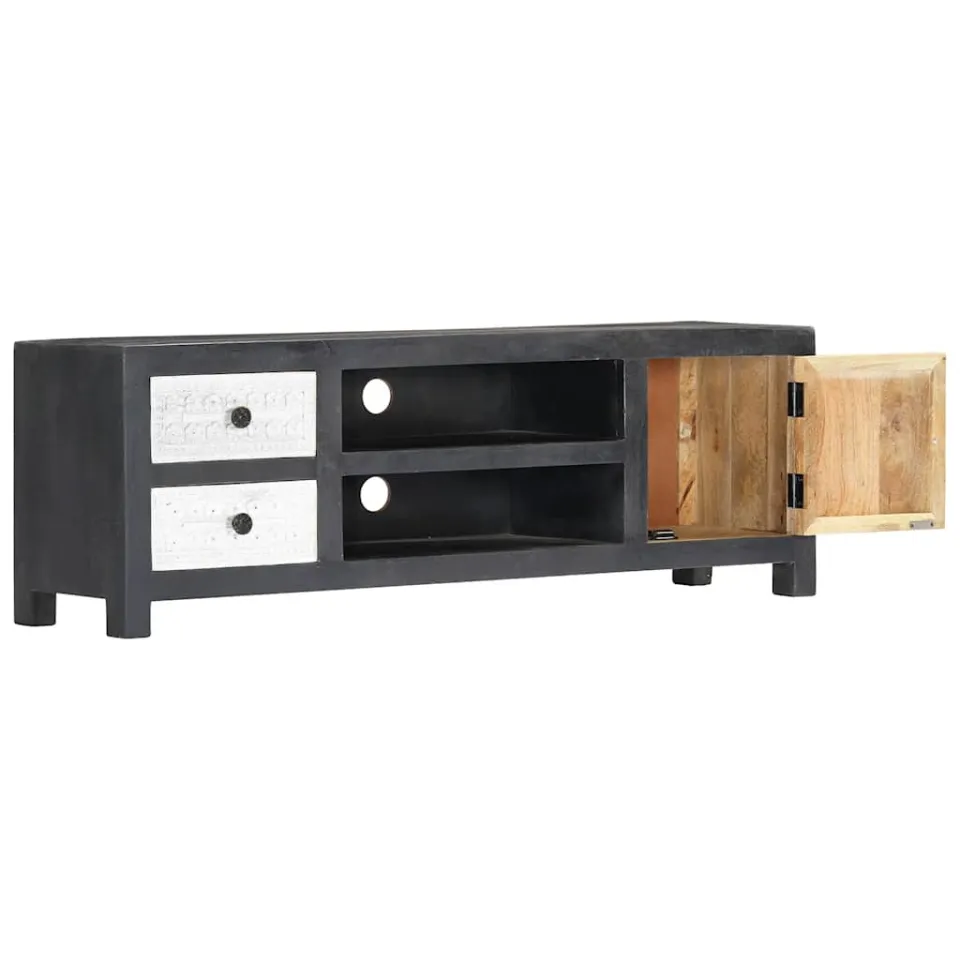 vidaXL Tv-meubel handgesneden 120x30x40 cm massief mangohout grijs wit, foto 4